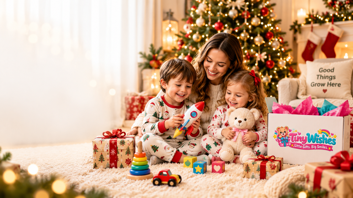 A delighted child unwrapping a Tiny Wishes gift